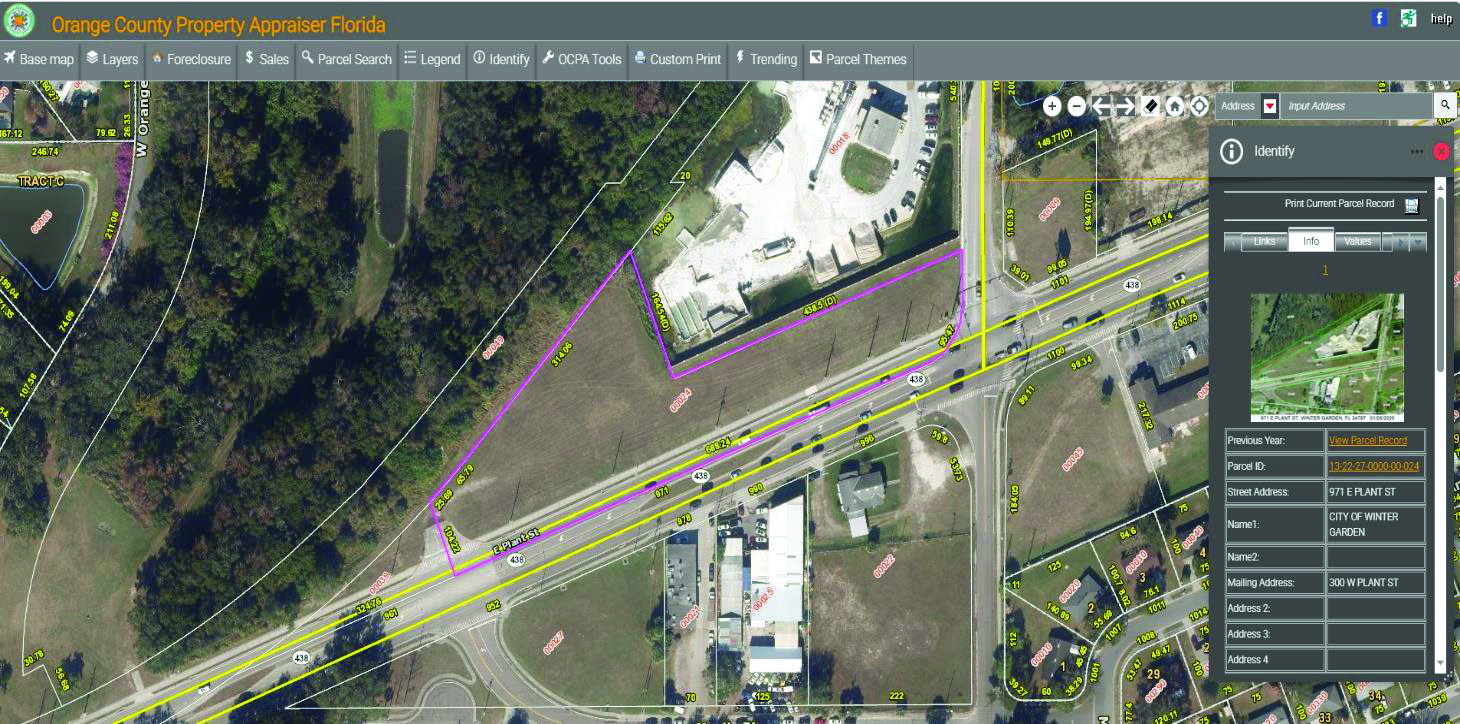 Aerial parcel view of the future I AM Children's Museum site on Plant Street in Winter Garden, Florida