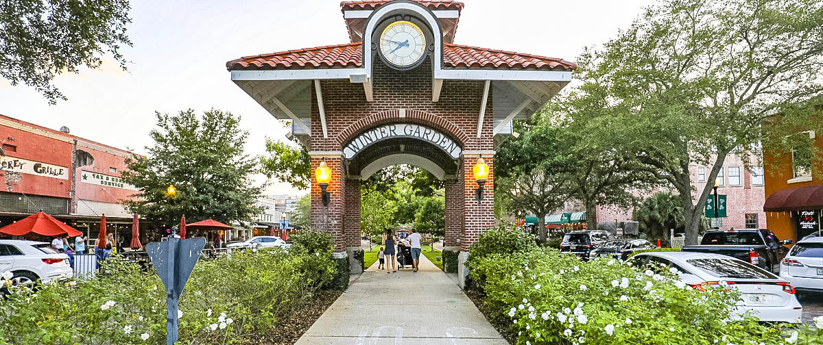 Historic downtown Winter Garden clock tower archway on Plant Street